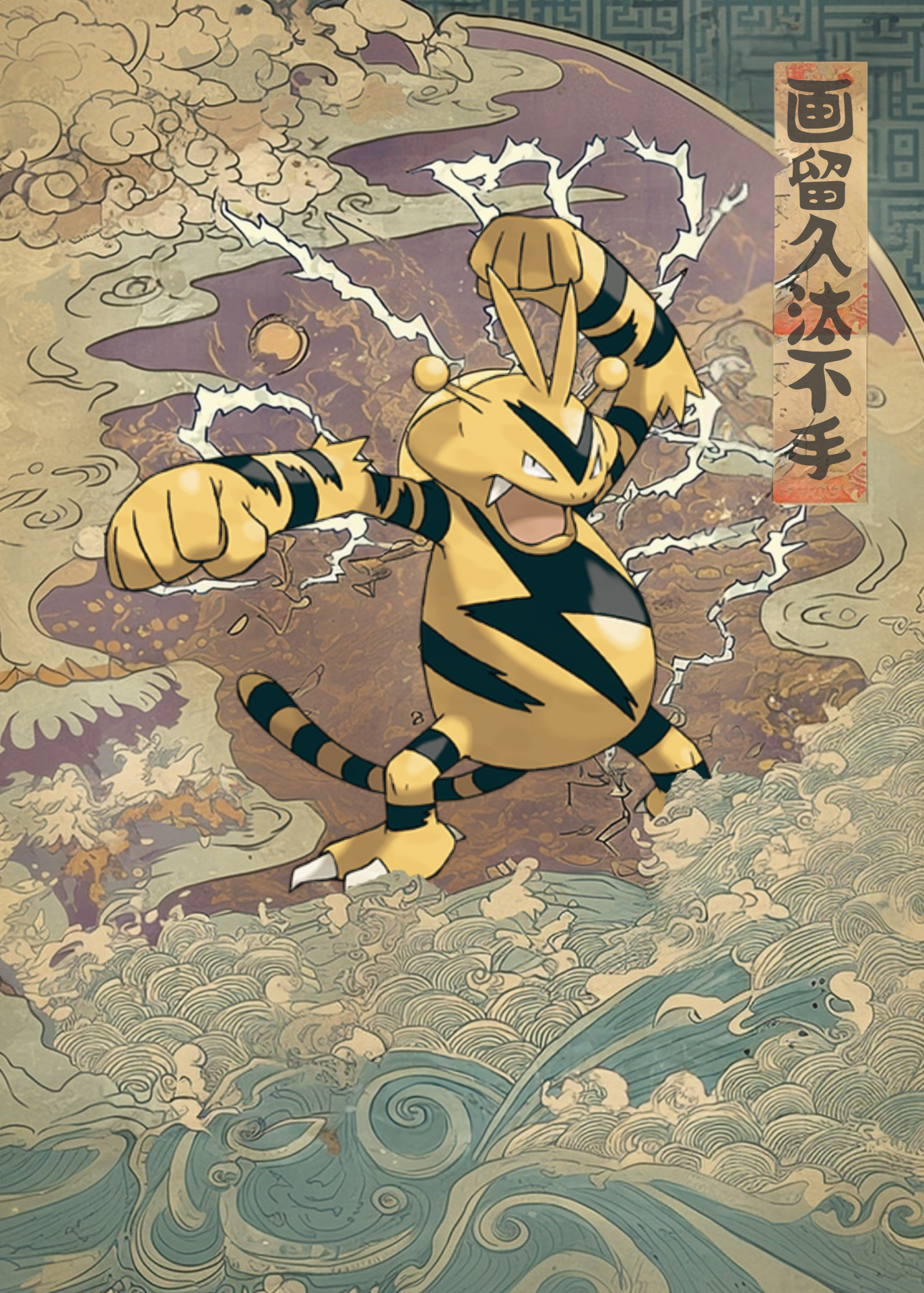 Electabuzz Pokemon in a dynamic pose with traditional Japanese design elements