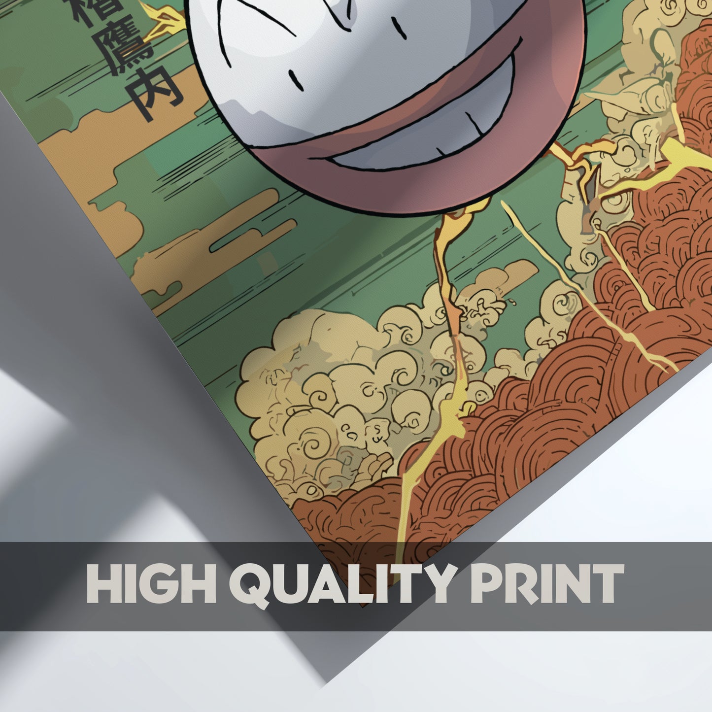 Electrode Pokemon character with a hat on a decorative background with 'HIGH QUALITY PRINT' text.
