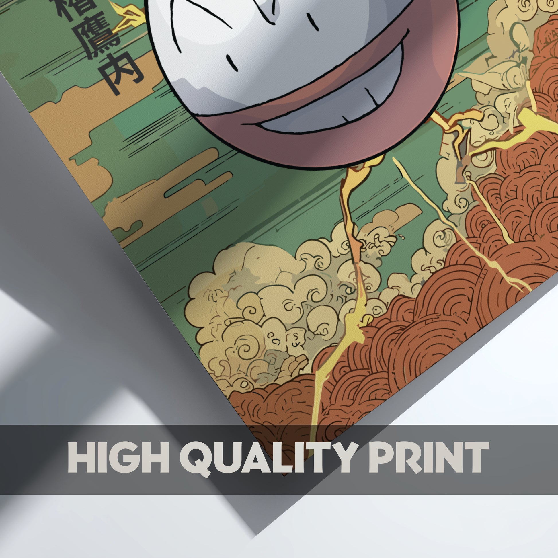 Electrode Pokemon character with a hat on a decorative background with 'HIGH QUALITY PRINT' text.