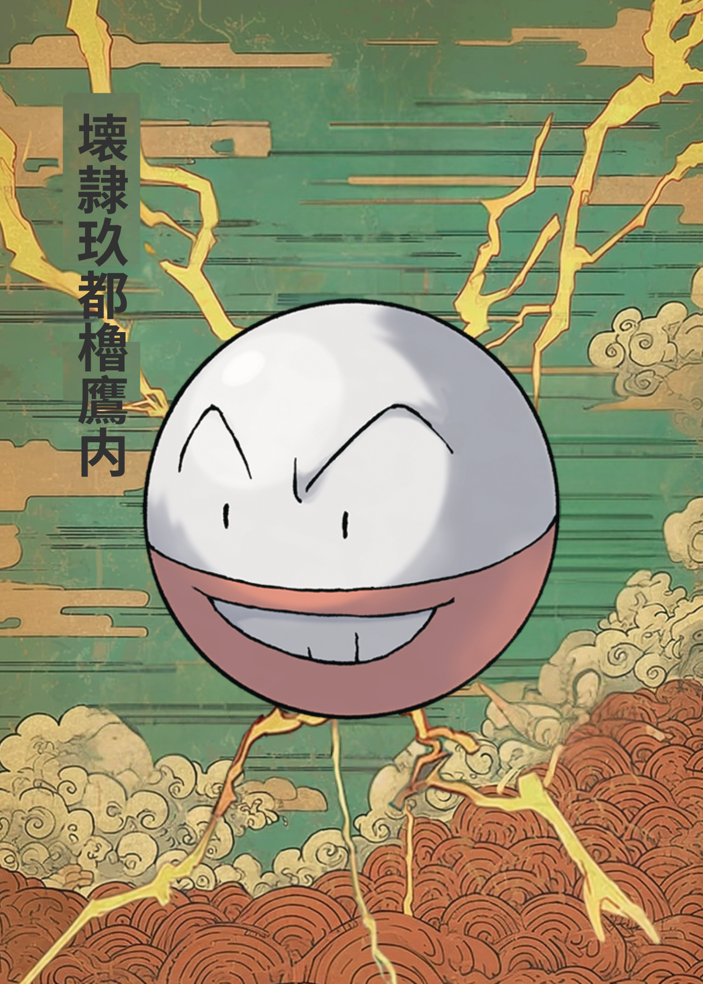 Electrode Pokemon character on a stylized background with clouds and lightning.