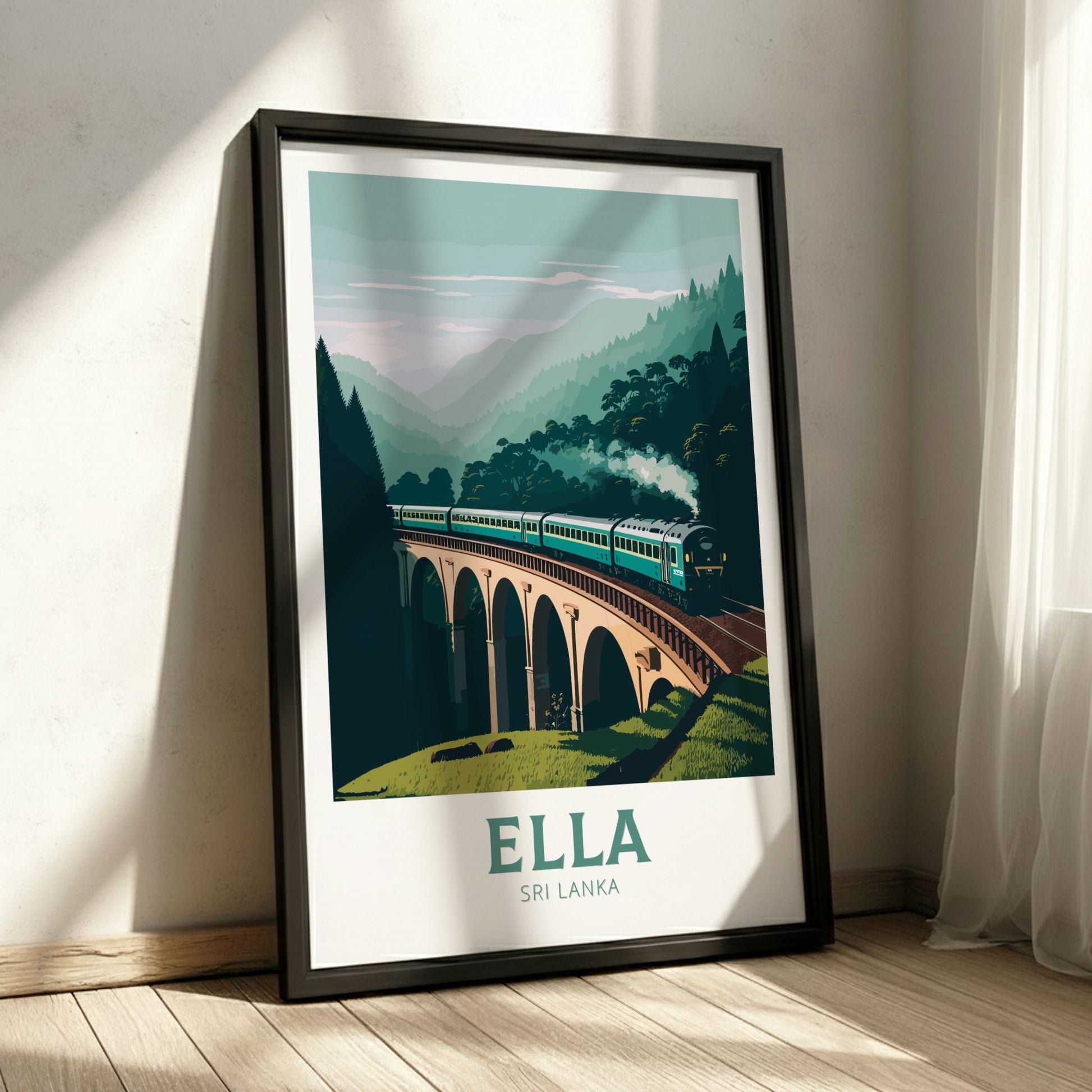 Framed poster of a train on a bridge with 'Ella, Sri Lanka' text in a room with sunlight filtering through curtains.