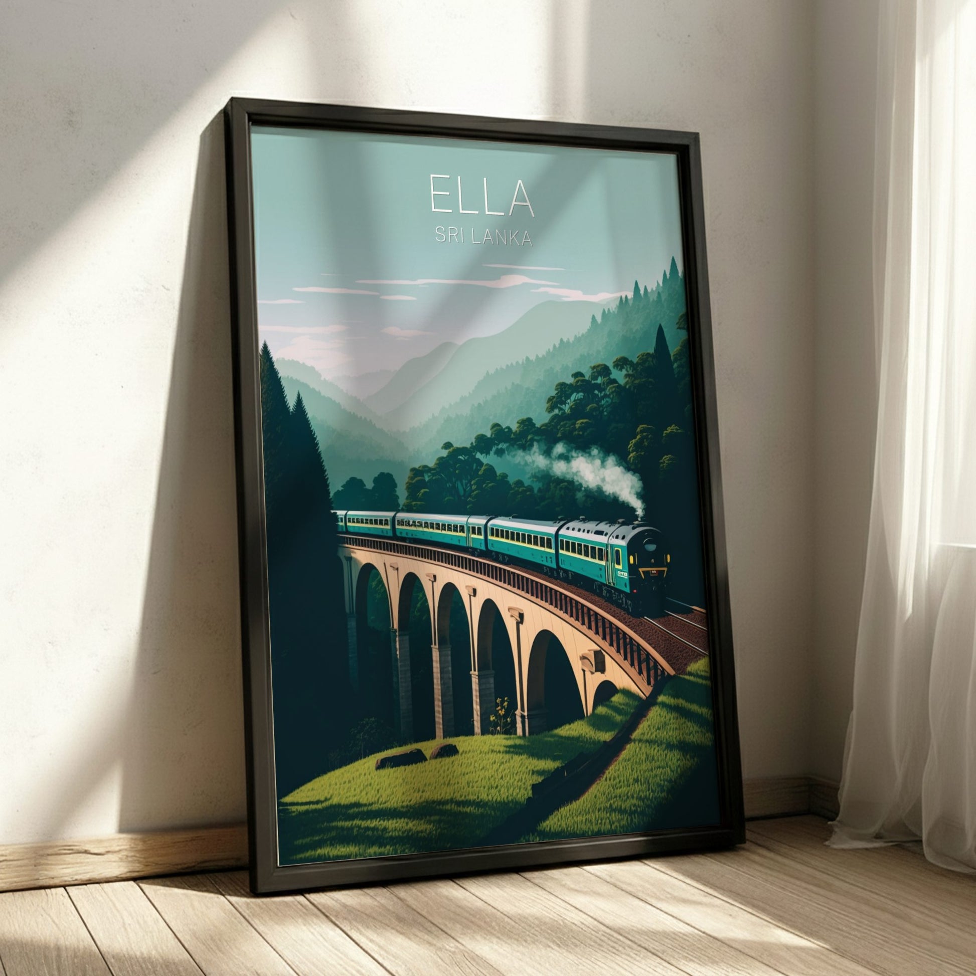Framed artwork of a train on a bridge with mountains in the background, titled 'Ella'.
