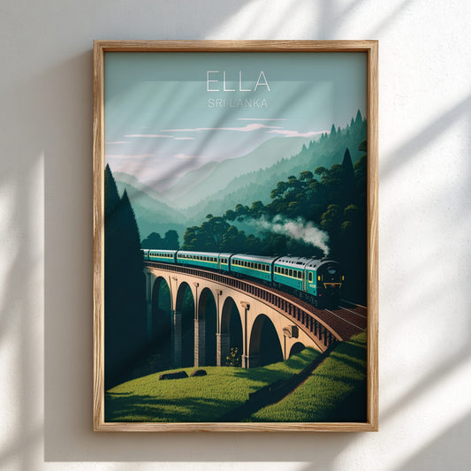 Framed artwork of a train on a bridge with 'Ella, Sri Lanka' text