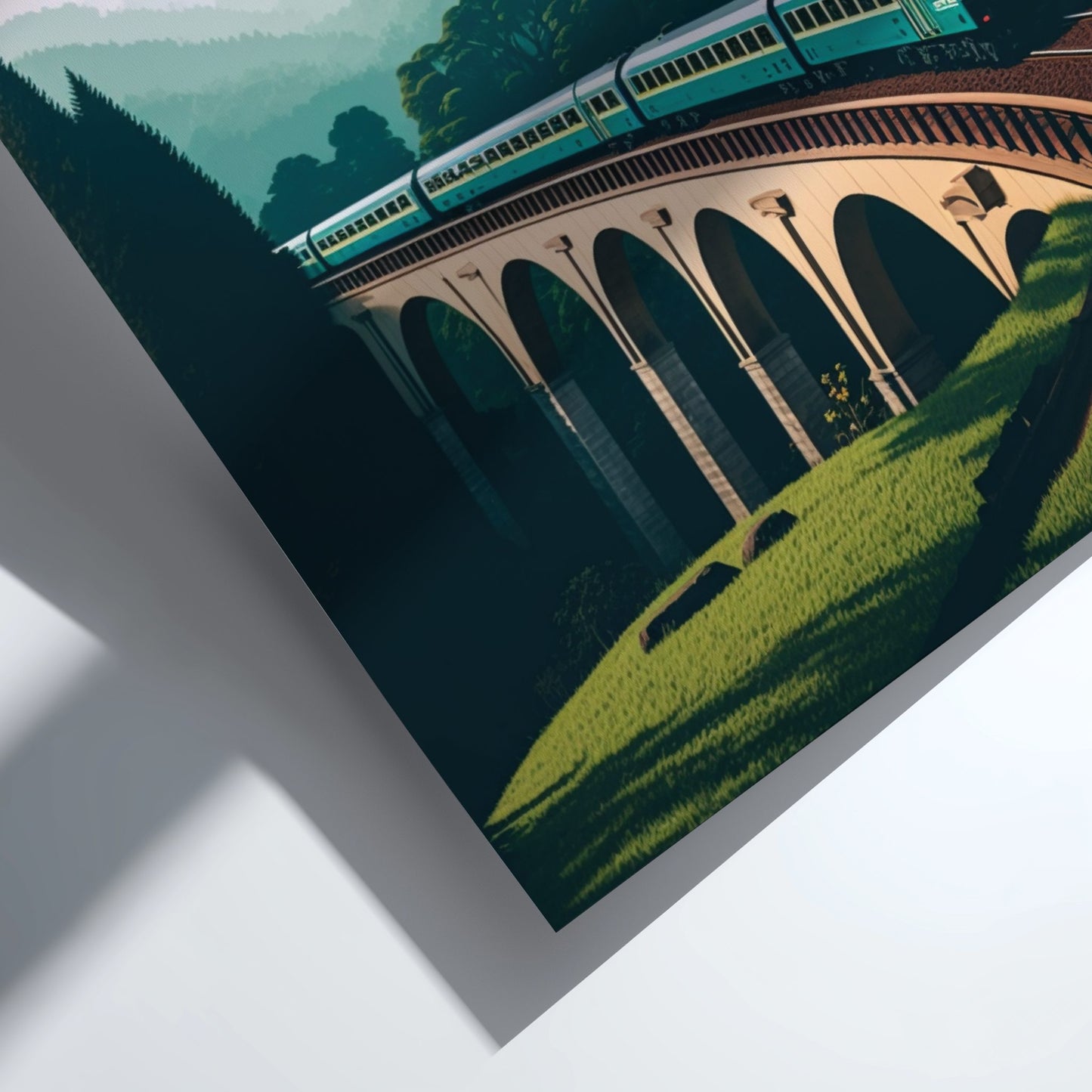 Train on a bridge with greenery in the background