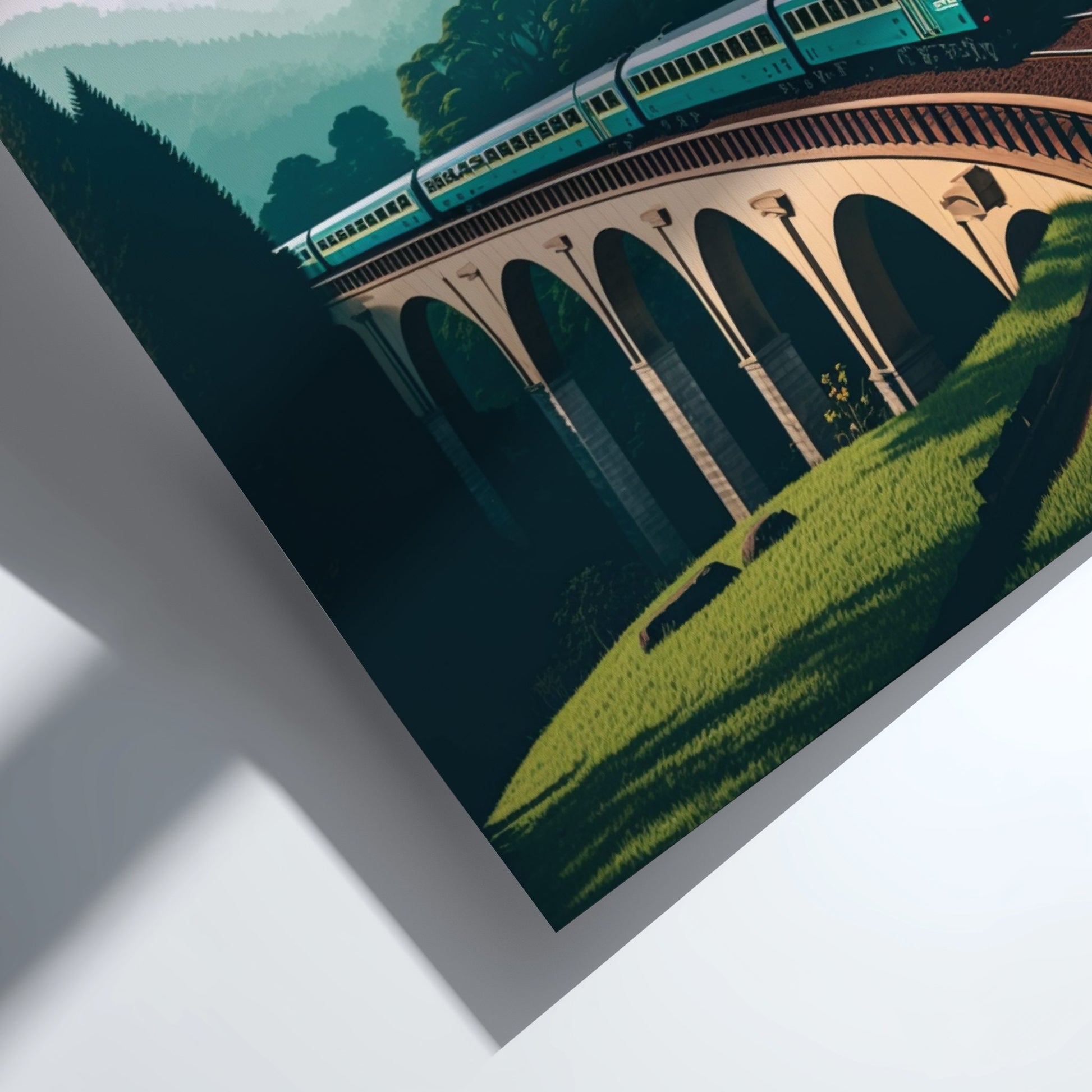 Train on a bridge with greenery in the background