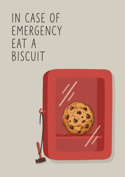 Poster featuring a chocolate chip cookie inside a red glass emergency box with hammer.