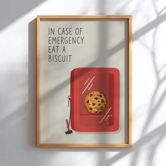 Poster featuring a chocolate chip cookie inside a red glass emergency box with hammer.