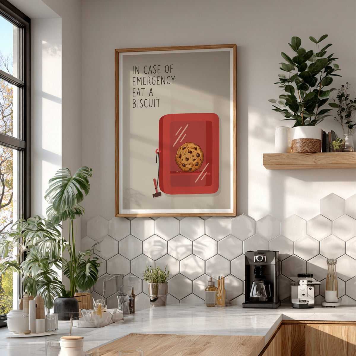 Poster featuring a chocolate chip cookie inside a red glass emergency box with hammer.