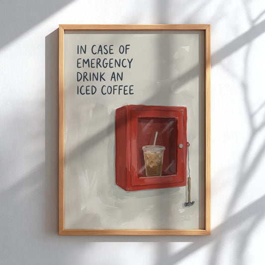 Poster featuring an emergency box with an iced coffee cup inside and hammer