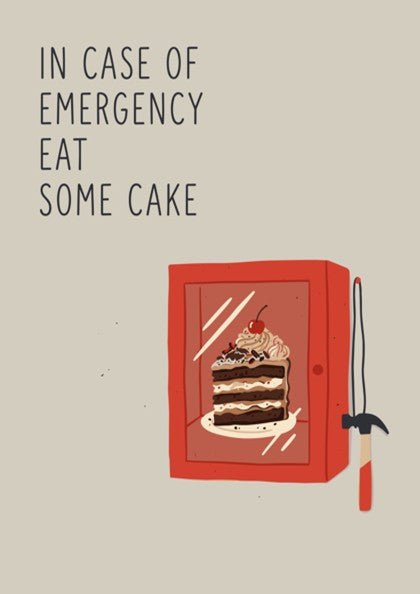 Poster featuring a chocolate cake in a red emergency cabinet with text above it.