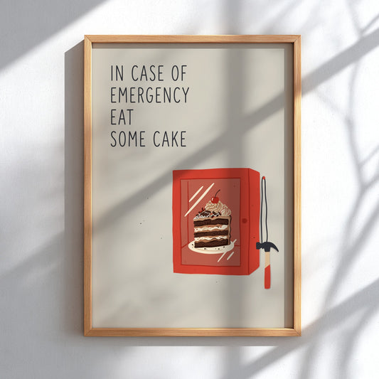 Poster featuring a chocolate cake in a red emergency cabinet with text above it.