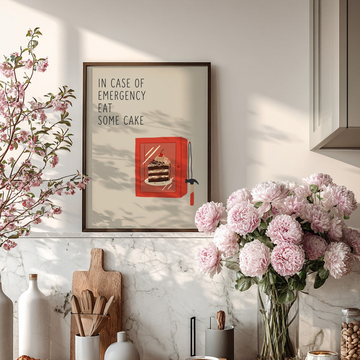 Poster featuring a chocolate cake in a red emergency cabinet with text above it.