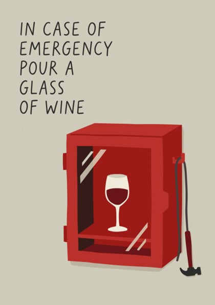 Poster featuring a red emergency cabinet containing a wine glass on cream background.