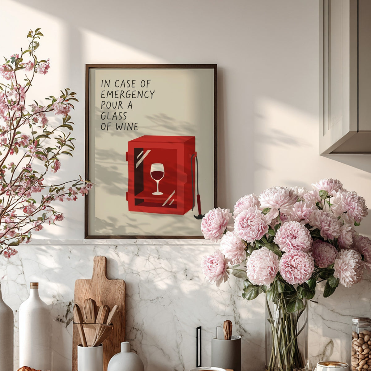 Poster featuring a red emergency cabinet containing a wine glass on cream background.