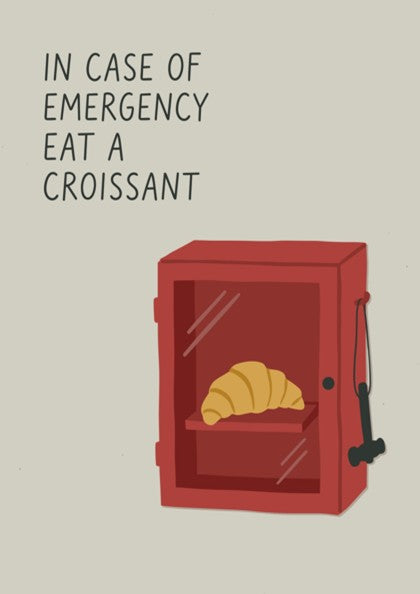 Poster featuring a red emergency box containing a golden croissant on a cream background.