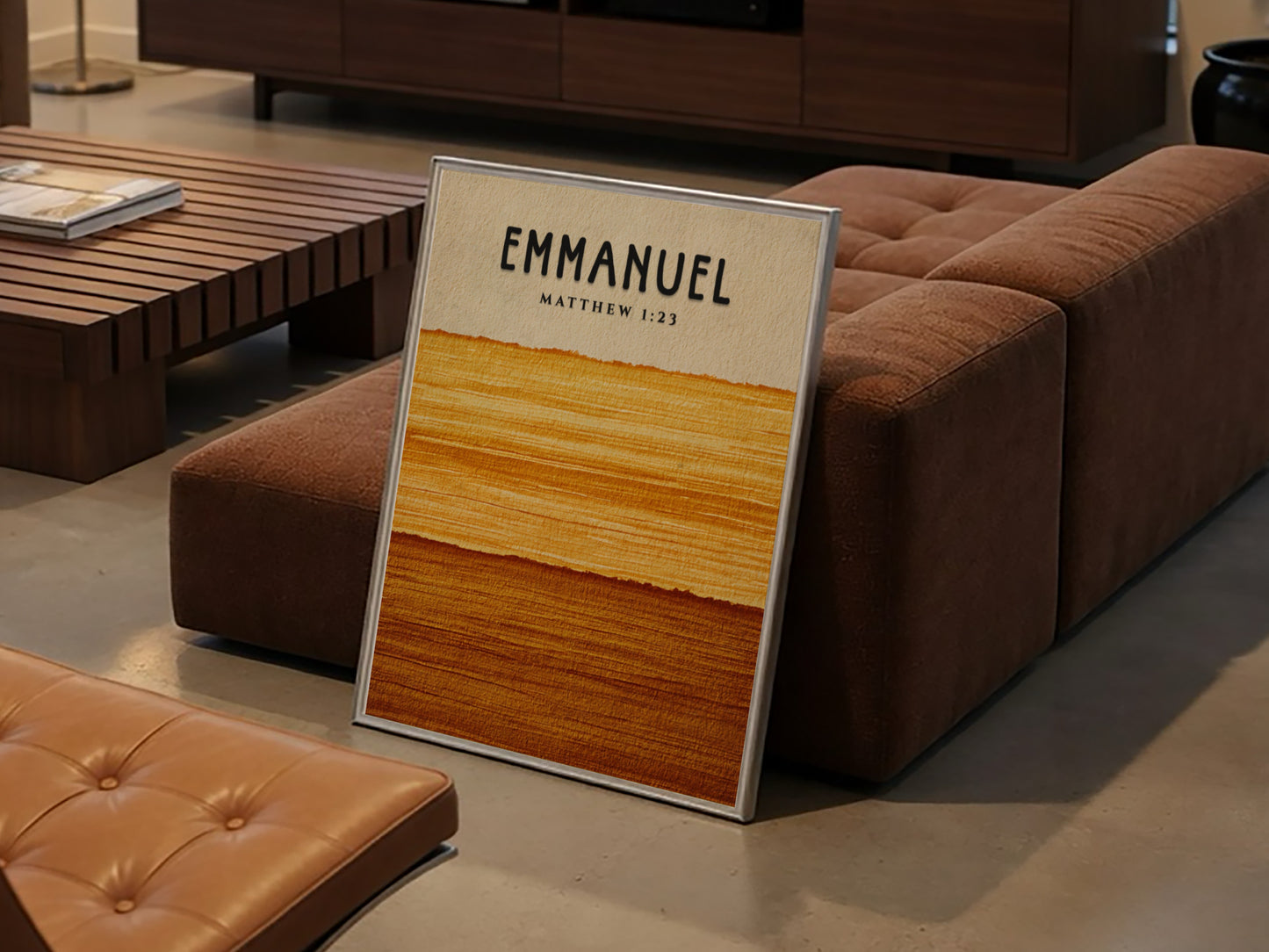 Inspirational poster featuring Emmanuel and Matthew 1:23 in warm golden hues, perfect for spiritual wall