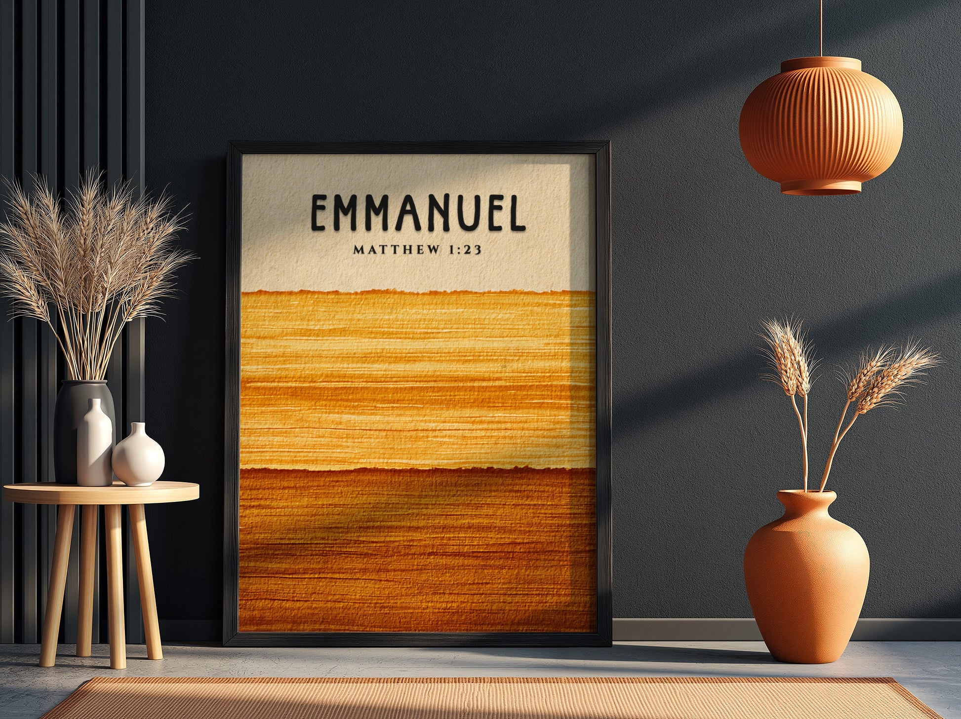 Inspirational poster featuring Emmanuel and Matthew 1:23 in warm golden hues, perfect for spiritual wall