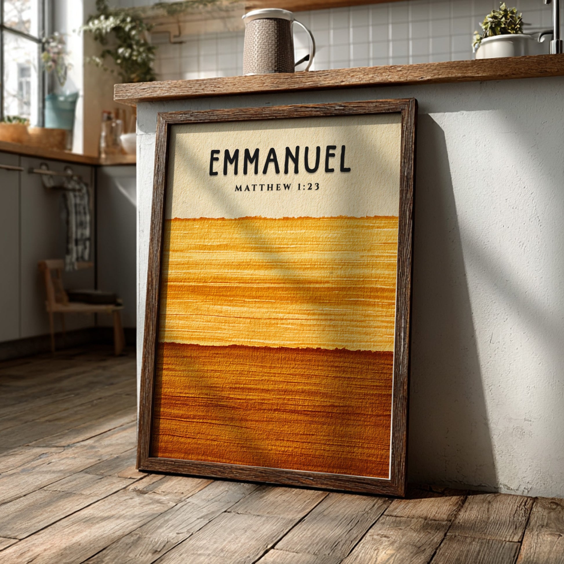 Inspirational poster featuring Emmanuel and Matthew 1:23 in warm golden hues, perfect for spiritual wall