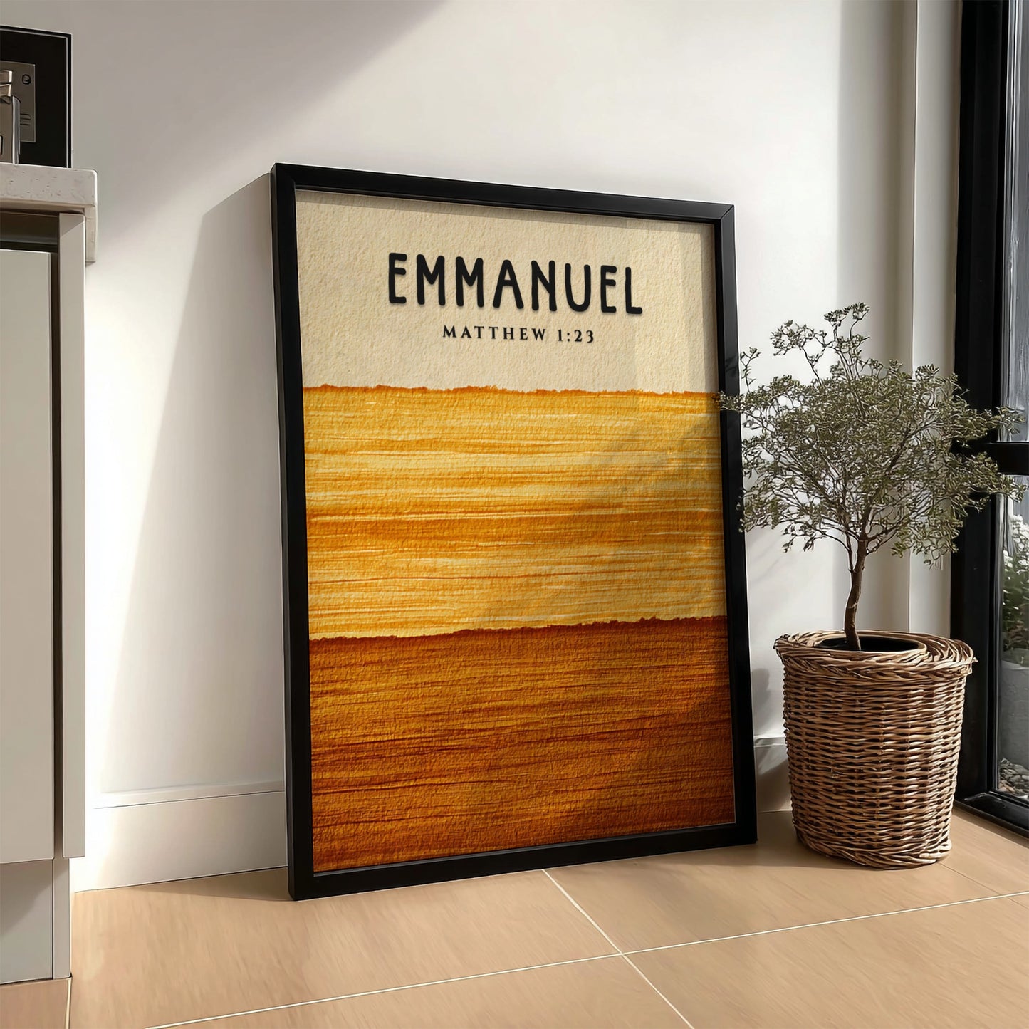 Inspirational poster featuring Emmanuel and Matthew 1:23 in warm golden hues, perfect for spiritual wall
