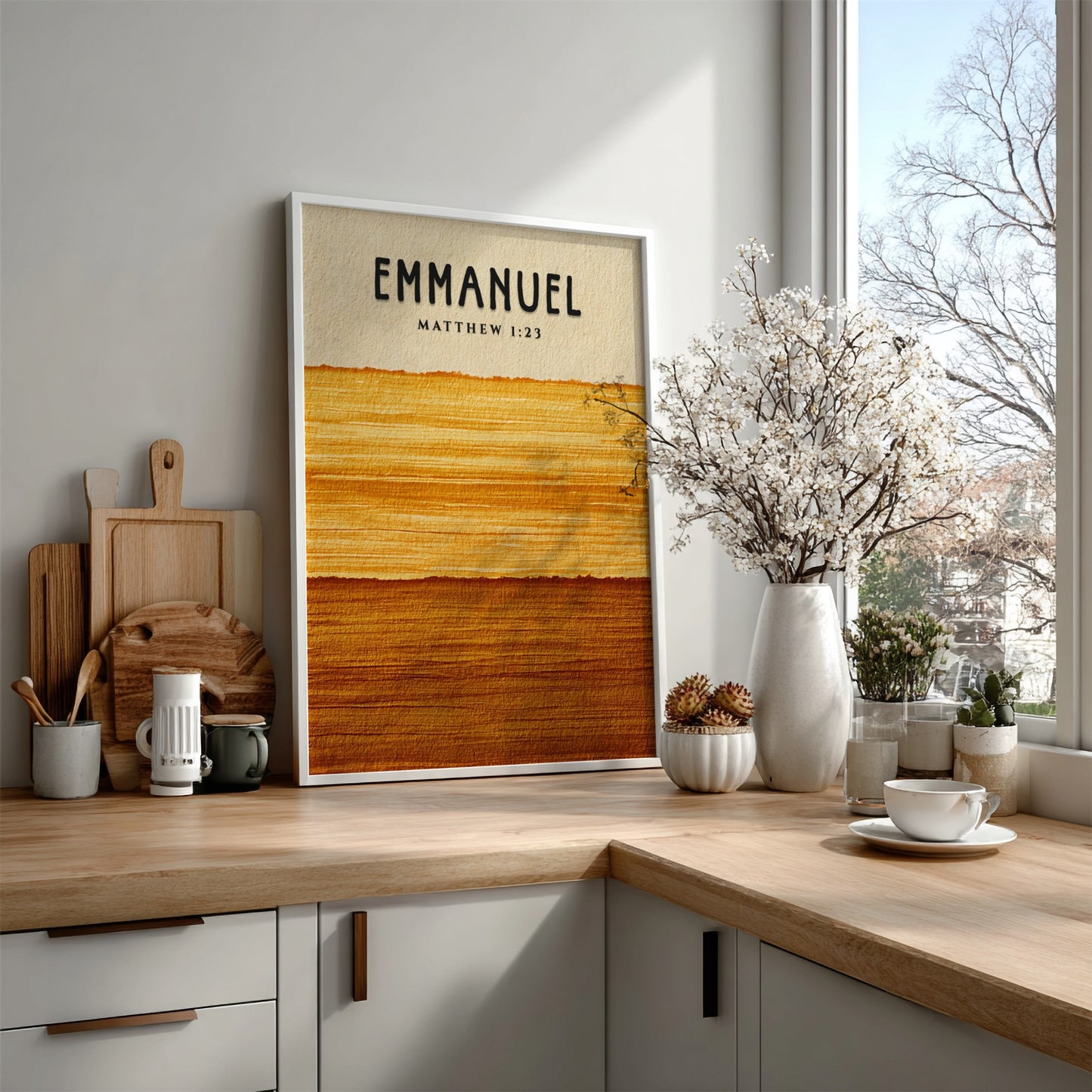 Inspirational poster featuring Emmanuel and Matthew 1:23 in warm golden hues, perfect for spiritual wall