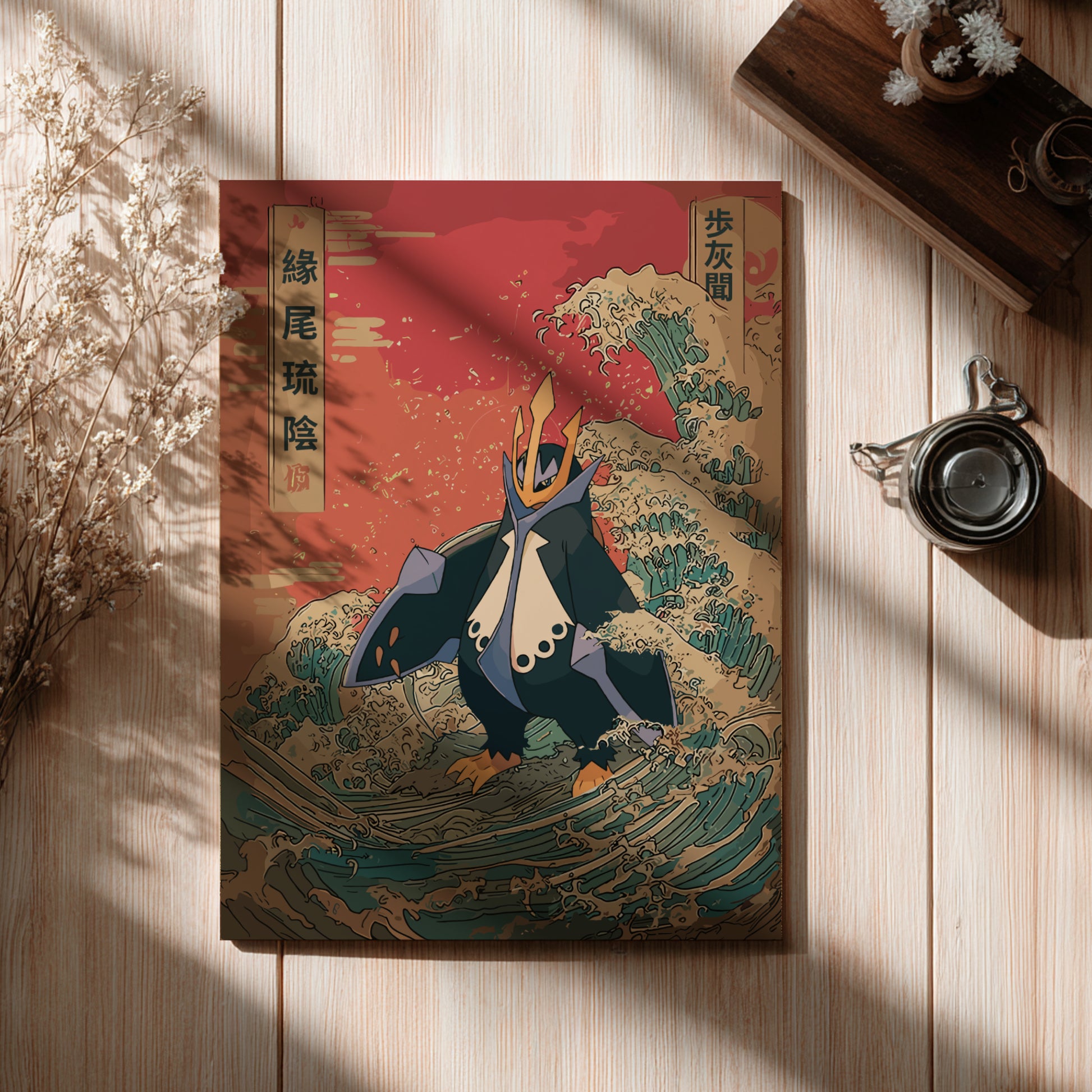 Poster with Empoleon Pokemon design on a wooden surface