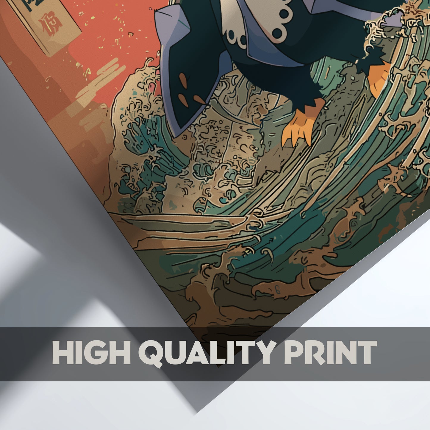 High-quality print of a detailed illustration with a wave and Empoleon Pokemon character on a textured surface.