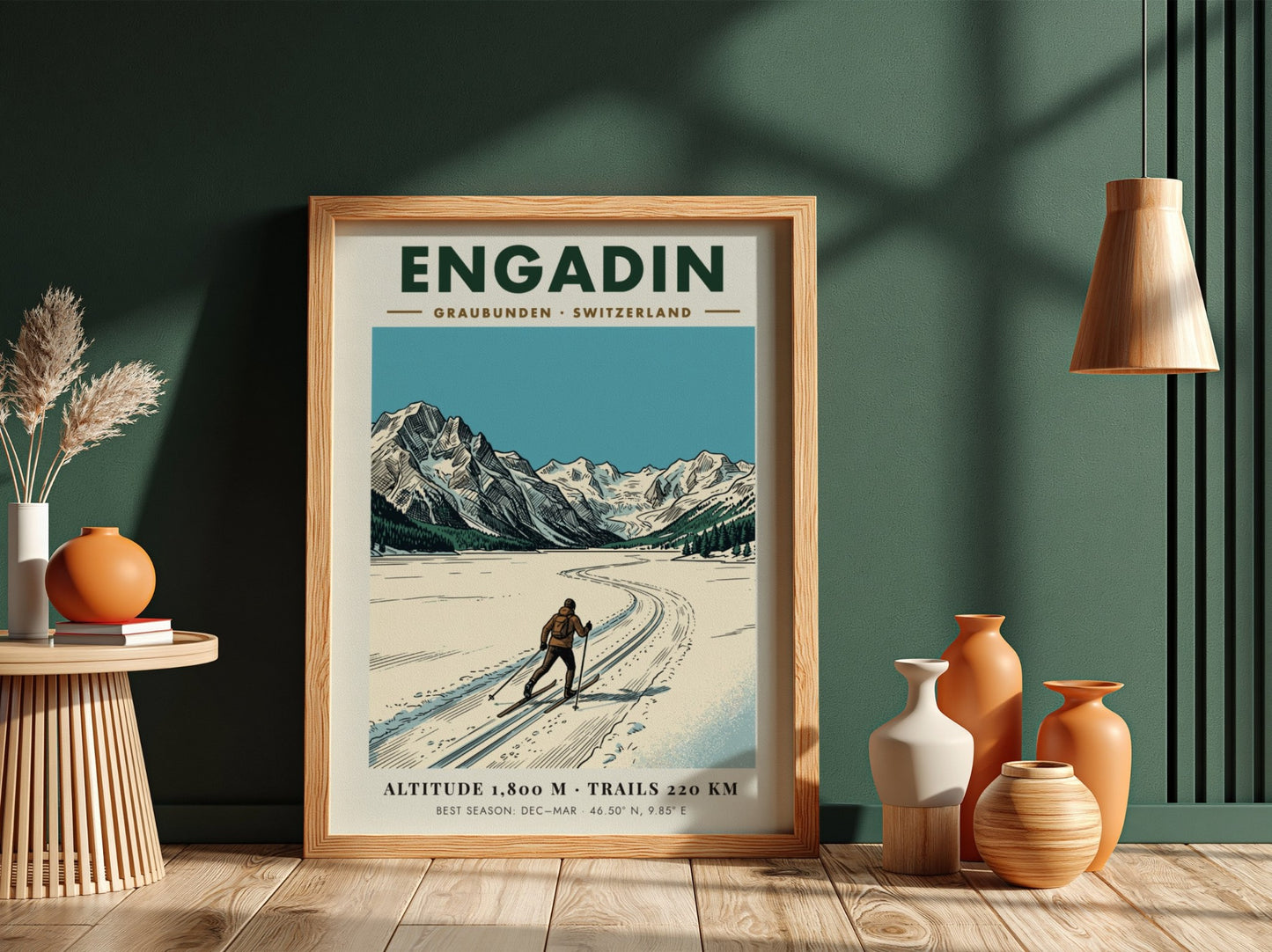 Poster of a cross-country skier in the Engadin valley with Swiss Alpine mountains.