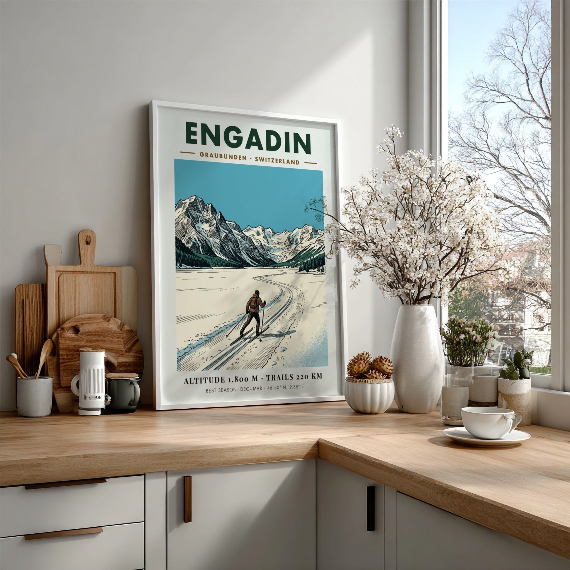 Poster of a cross-country skier in the Engadin valley with Swiss Alpine mountains.
