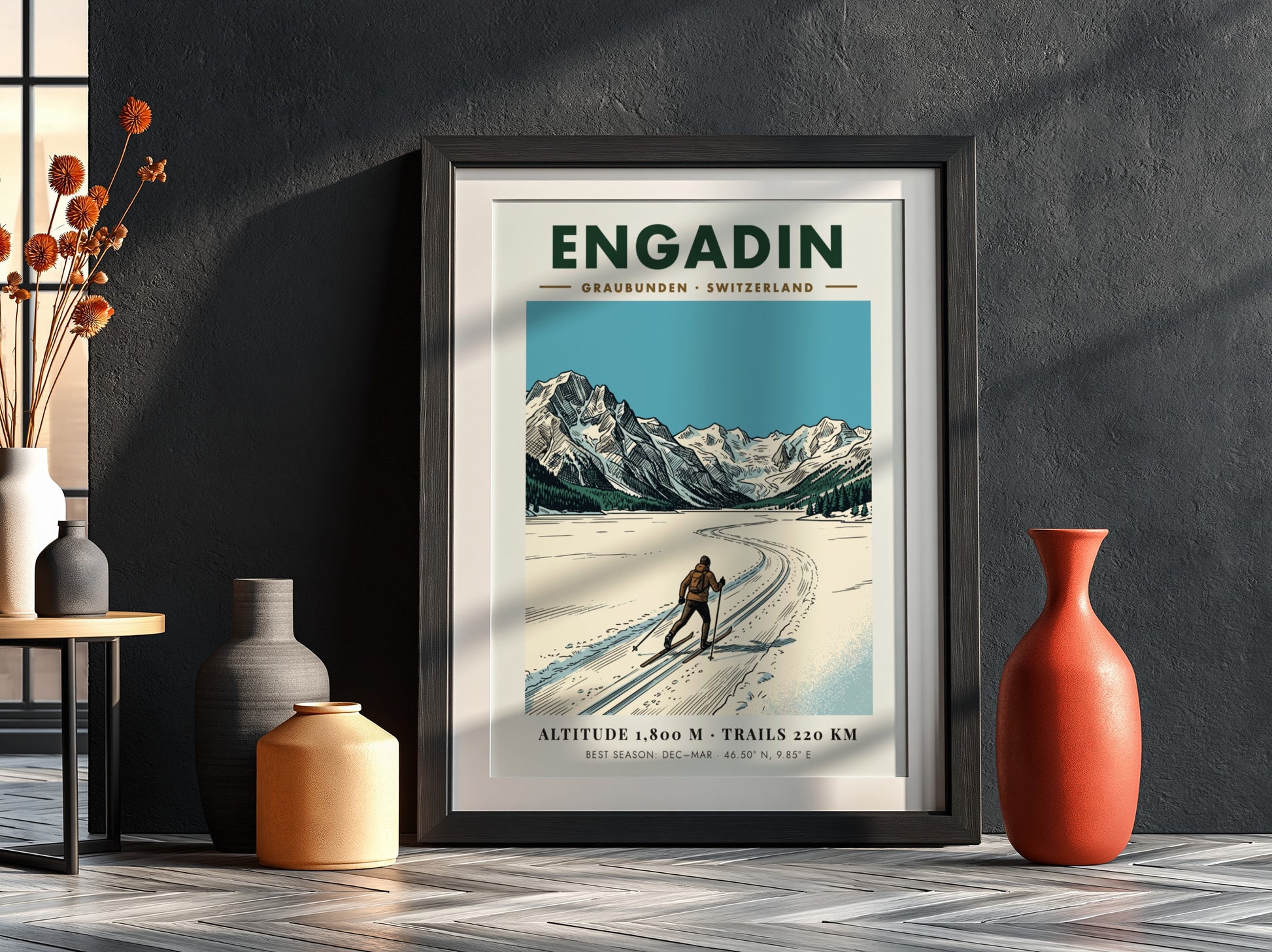 Poster of a cross-country skier in the Engadin valley with Swiss Alpine mountains.