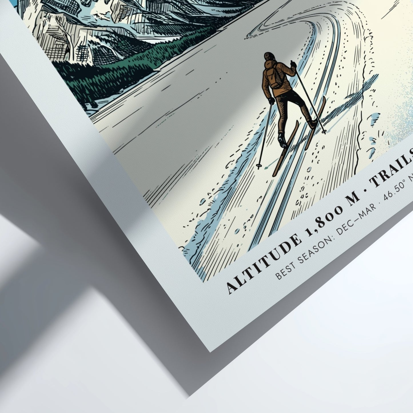 Poster of a cross-country skier in the Engadin valley with Swiss Alpine mountains.