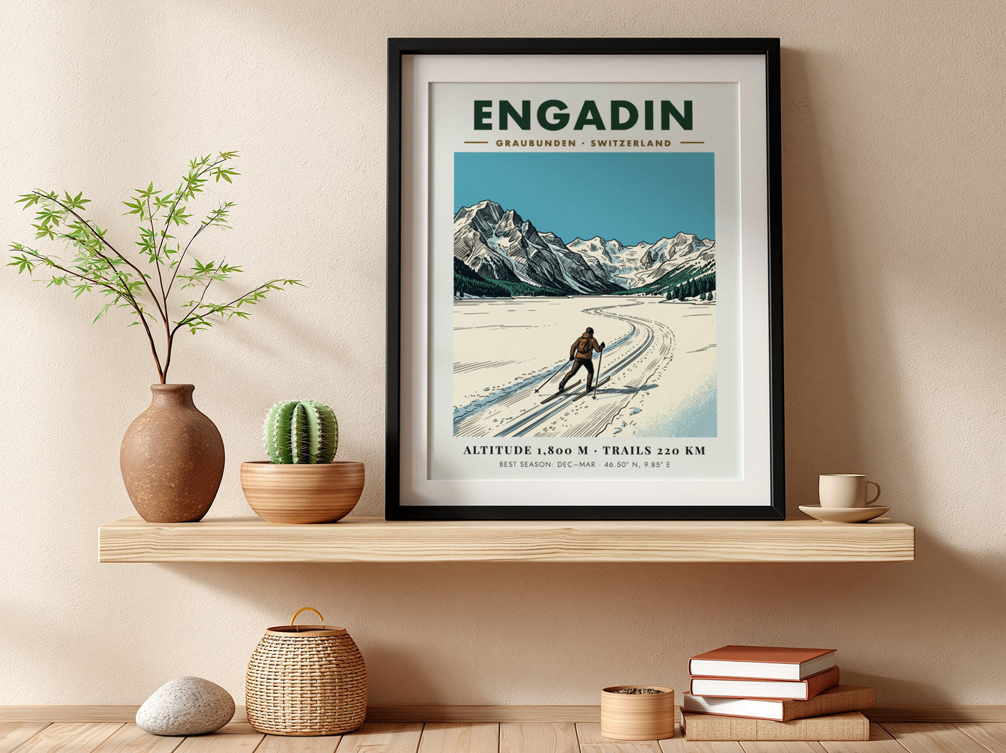Poster of a cross-country skier in the Engadin valley with Swiss Alpine mountains.