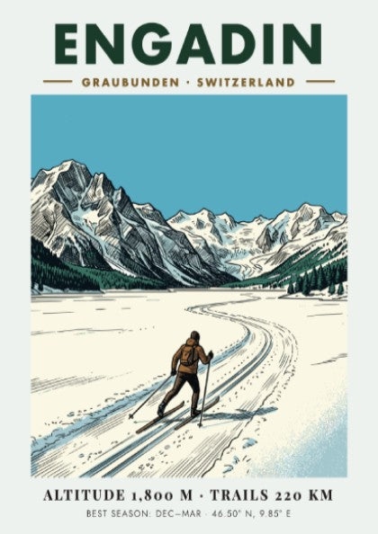 Poster of a cross-country skier in the Engadin valley with Swiss Alpine mountains.
