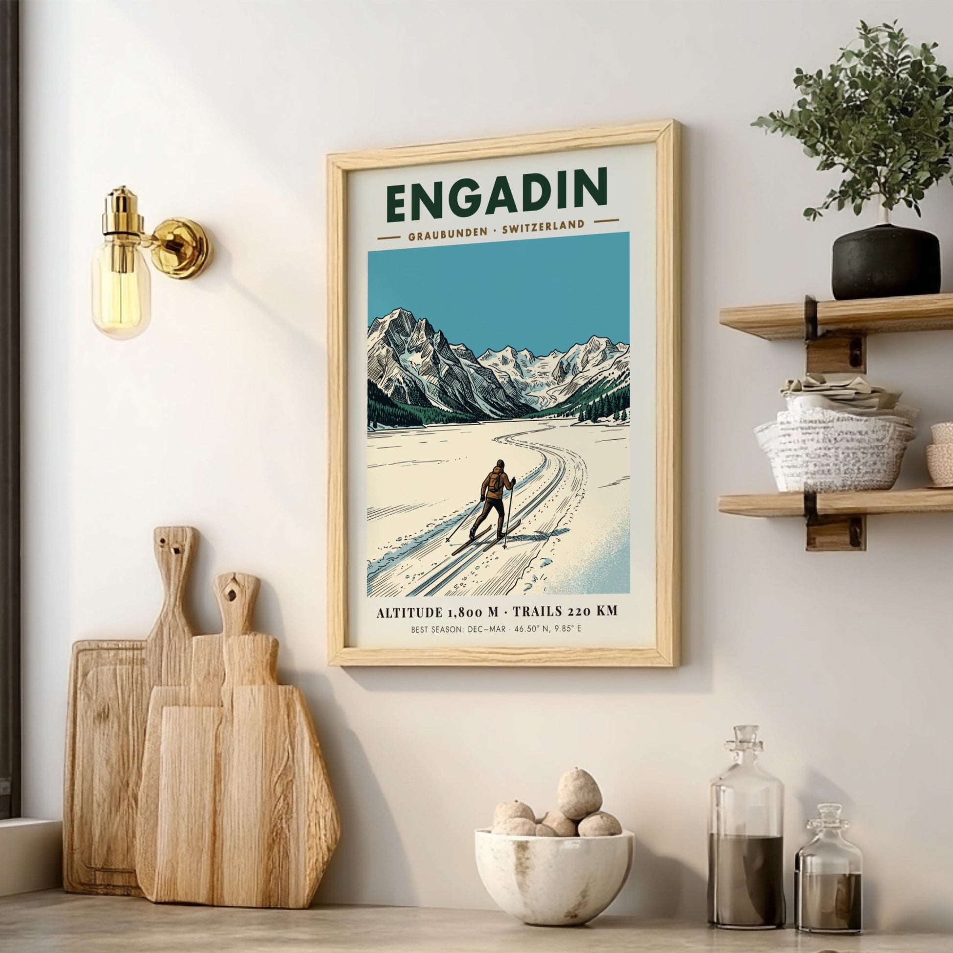 Poster of a cross-country skier in the Engadin valley with Swiss Alpine mountains.