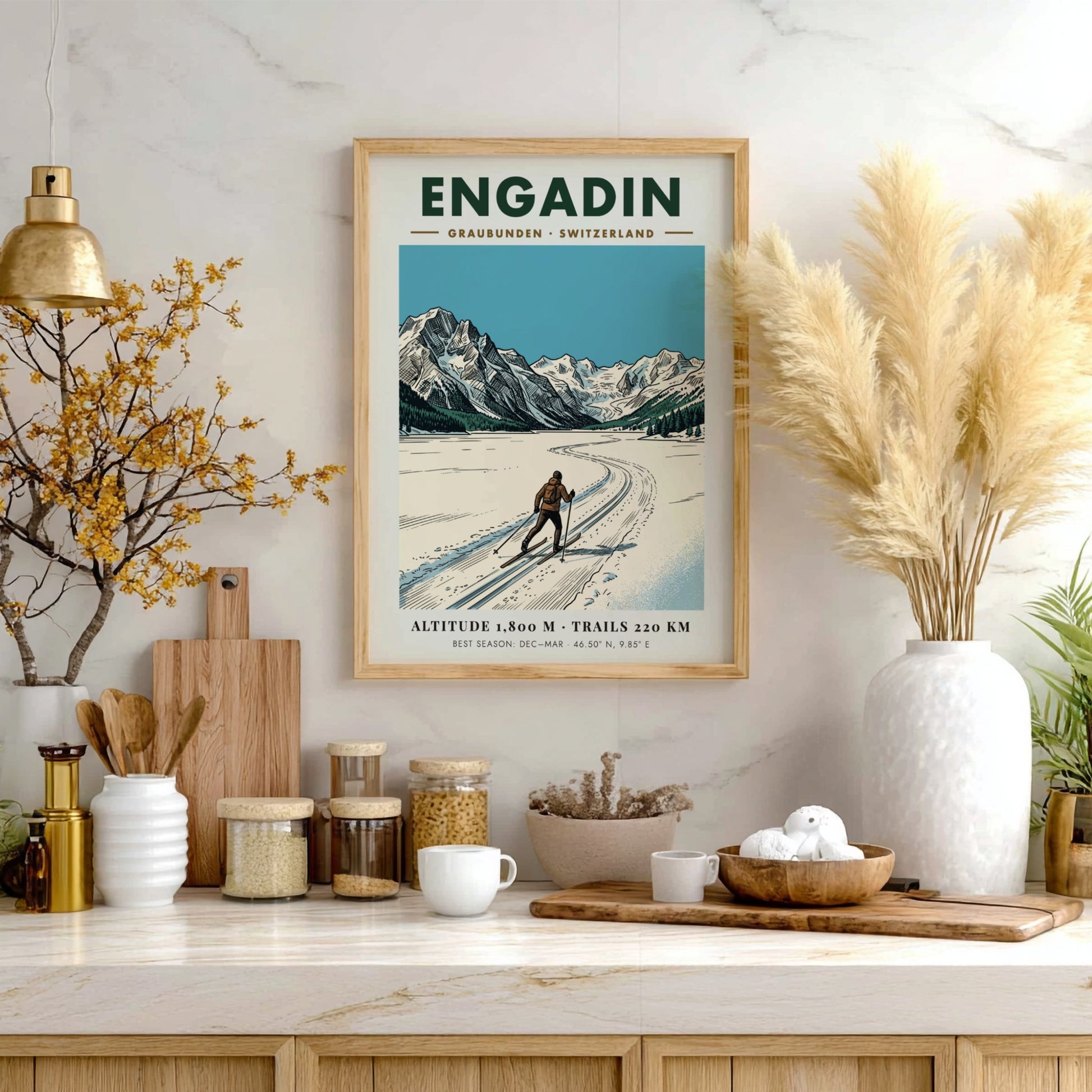 Poster of a cross-country skier in the Engadin valley with Swiss Alpine mountains.
