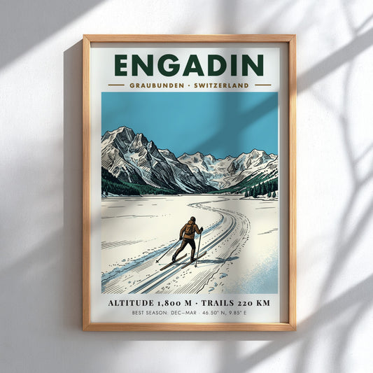 Poster of a cross-country skier in the Engadin valley with Swiss Alpine mountains.