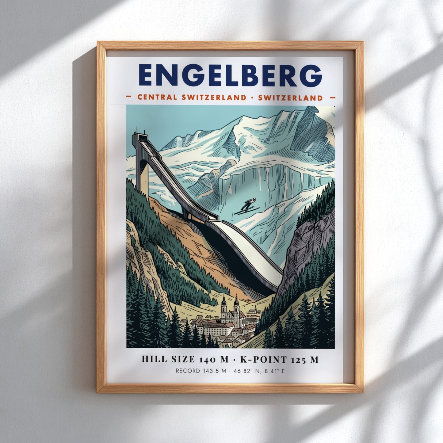 Vintage style ski jumping poster of Engelberg featuring a large jump and mountains.