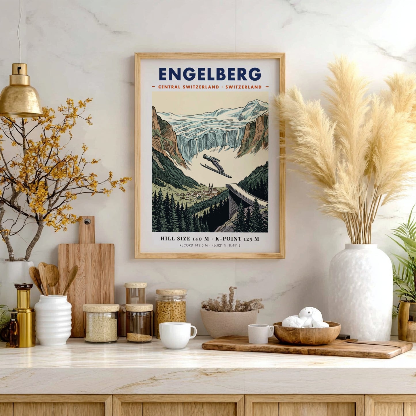 Poster featuring a ski jumper soaring over Engelberg, Switzerland with mountain and forest scenery.