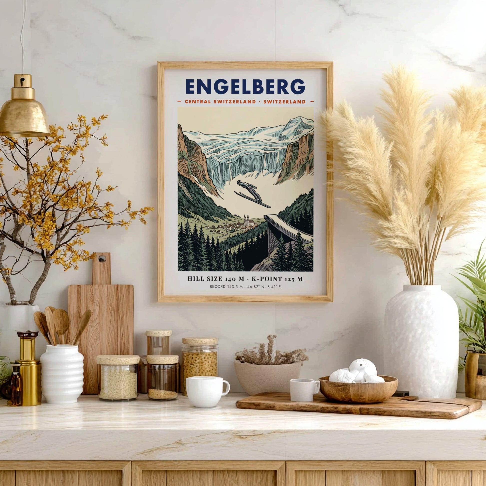 Poster featuring a ski jumper soaring over Engelberg, Switzerland with mountain and forest scenery.