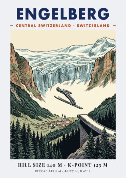 Poster featuring a ski jumper soaring over Engelberg, Switzerland with mountain and forest scenery.