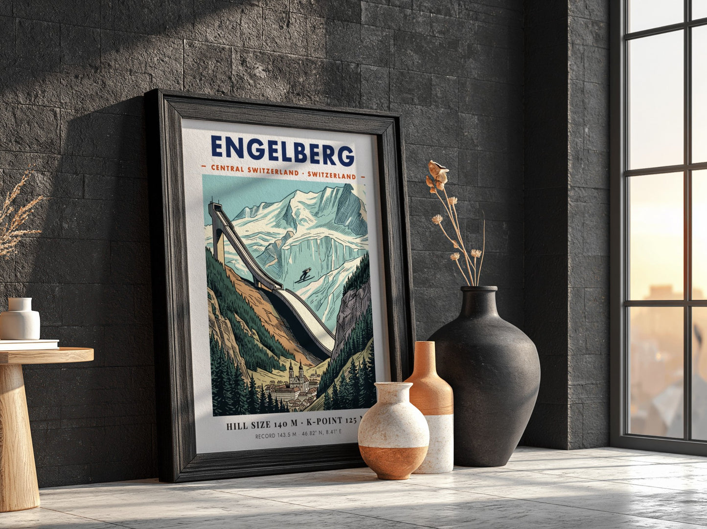 Vintage style ski jumping poster of Engelberg featuring a large jump and mountains.