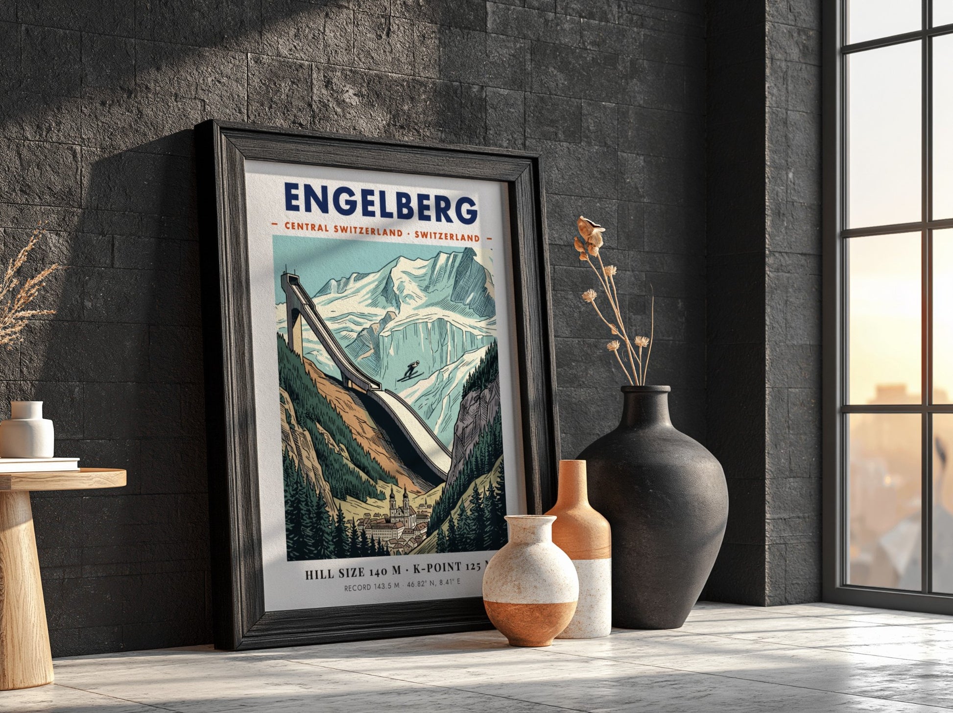 Vintage style ski jumping poster of Engelberg featuring a large jump and mountains.