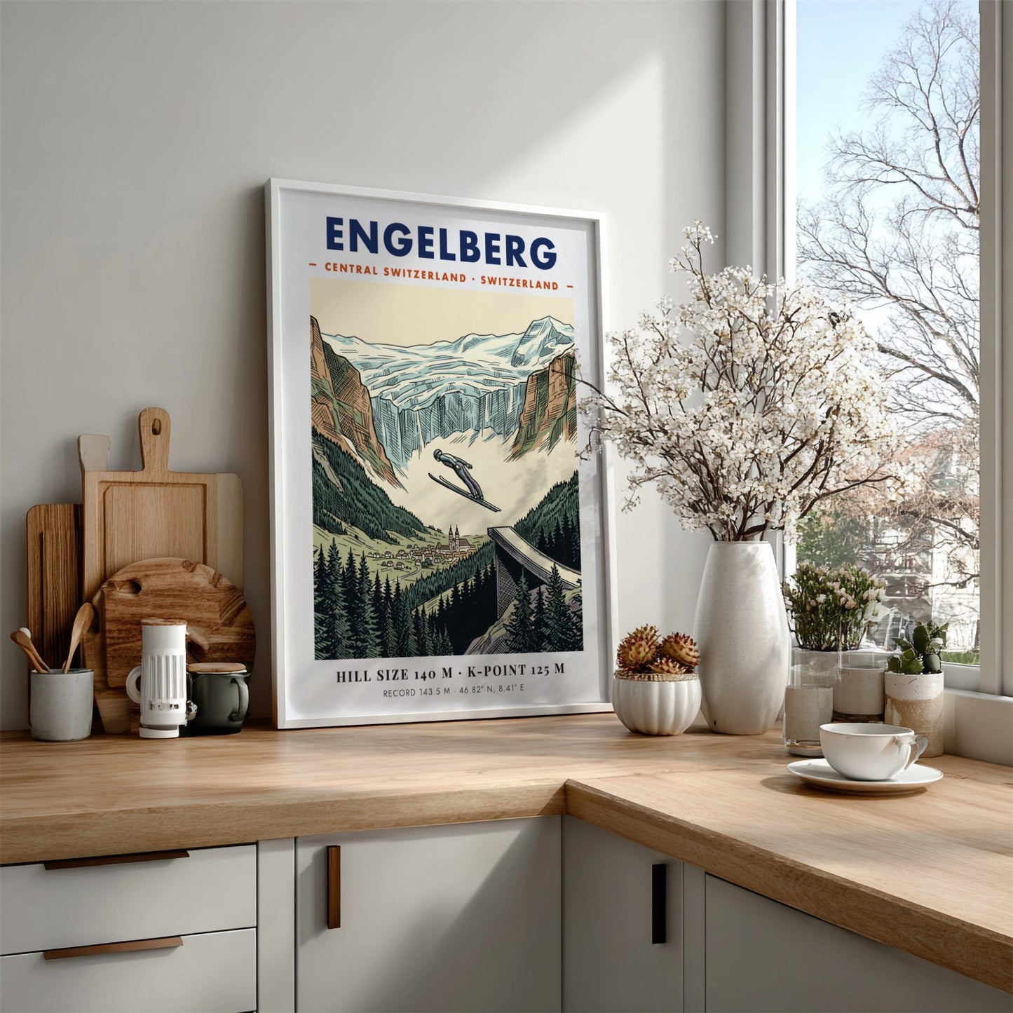 Poster featuring a ski jumper soaring over Engelberg, Switzerland with mountain and forest scenery.
