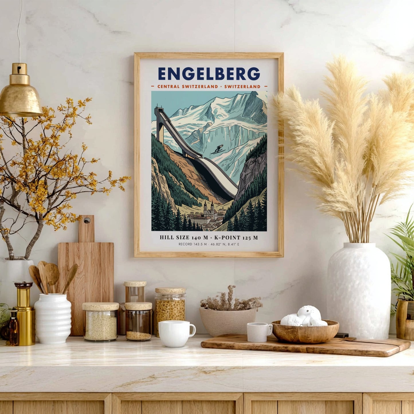 Vintage style ski jumping poster of Engelberg featuring a large jump and mountains.