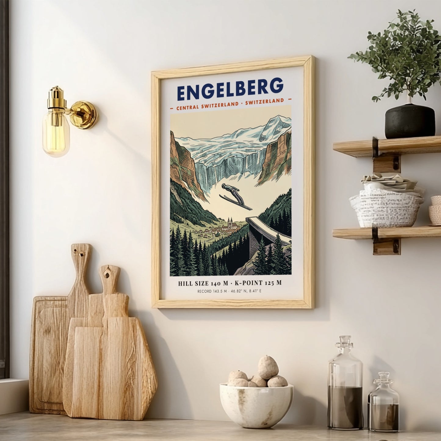 Poster featuring a ski jumper soaring over Engelberg, Switzerland with mountain and forest scenery.