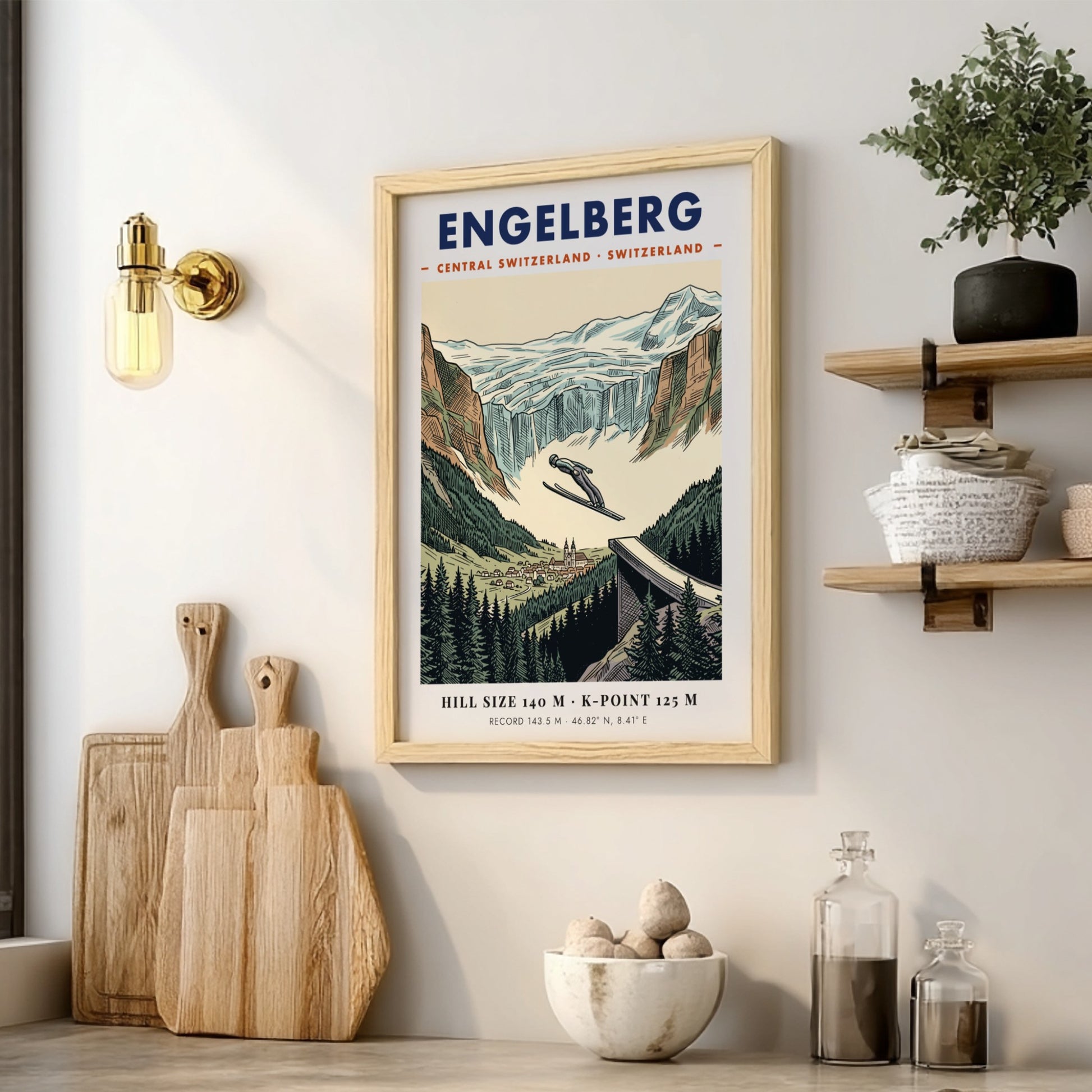 Poster featuring a ski jumper soaring over Engelberg, Switzerland with mountain and forest scenery.