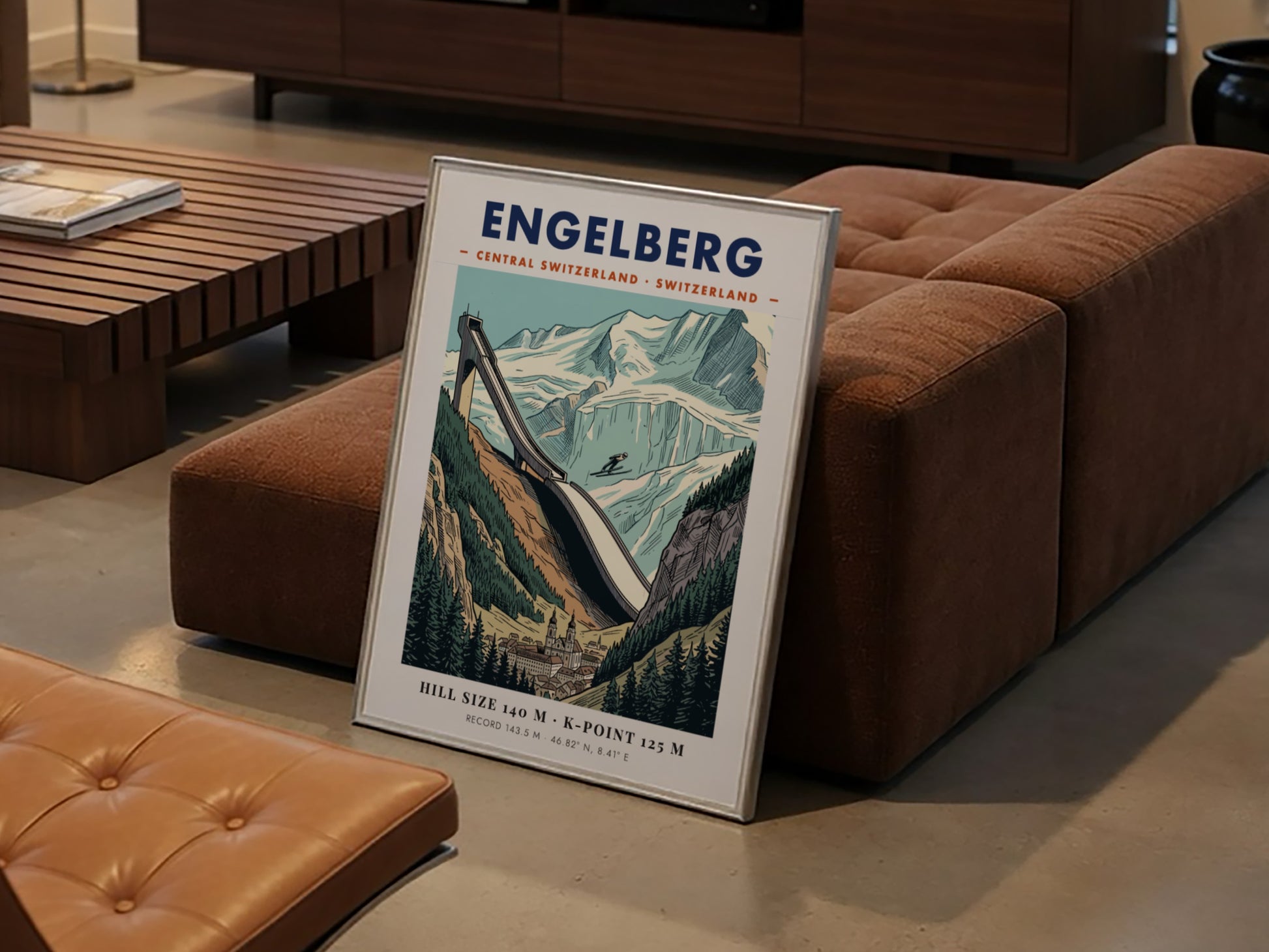 Vintage style ski jumping poster of Engelberg featuring a large jump and mountains.