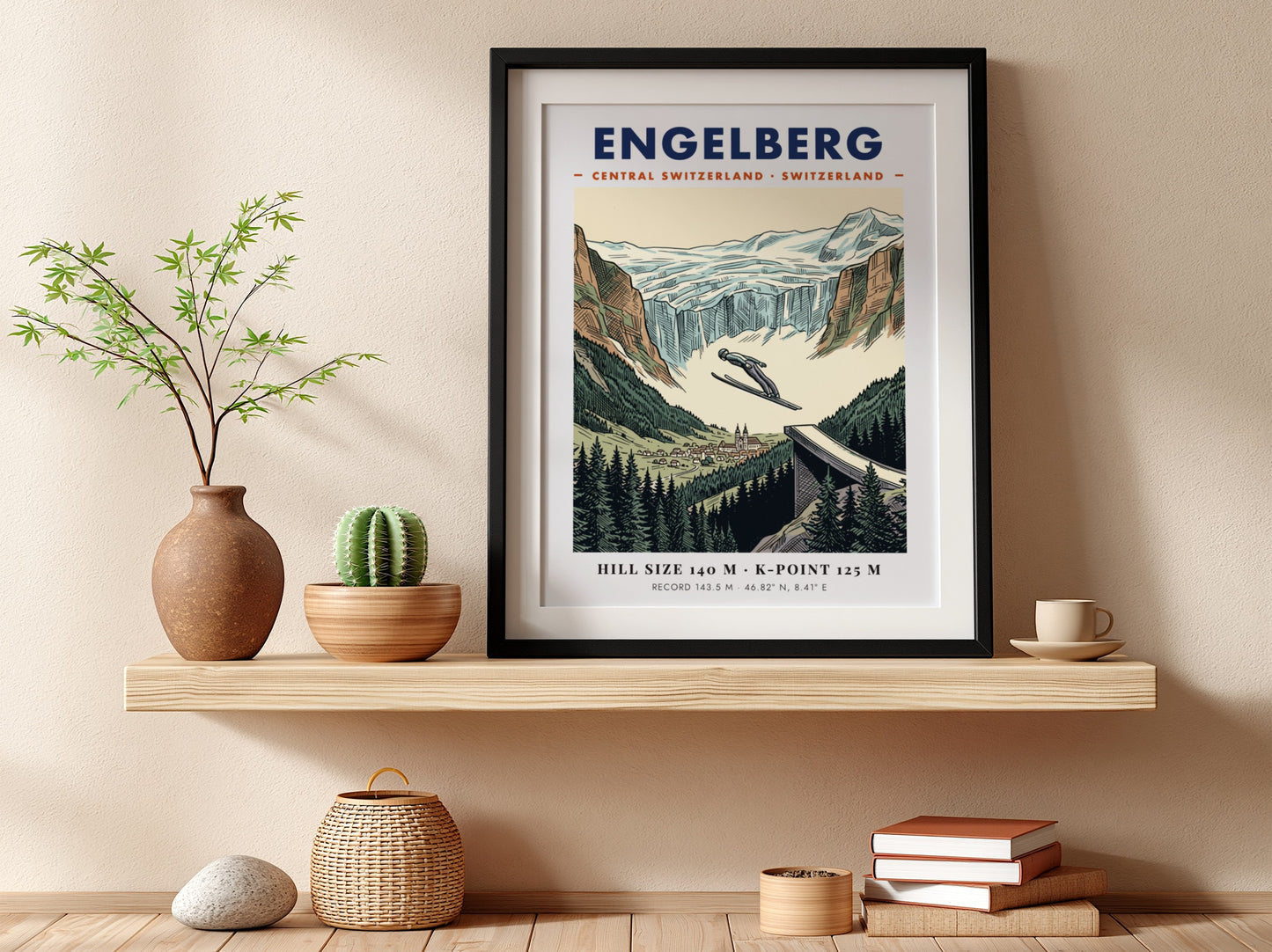 Poster featuring a ski jumper soaring over Engelberg, Switzerland with mountain and forest scenery.