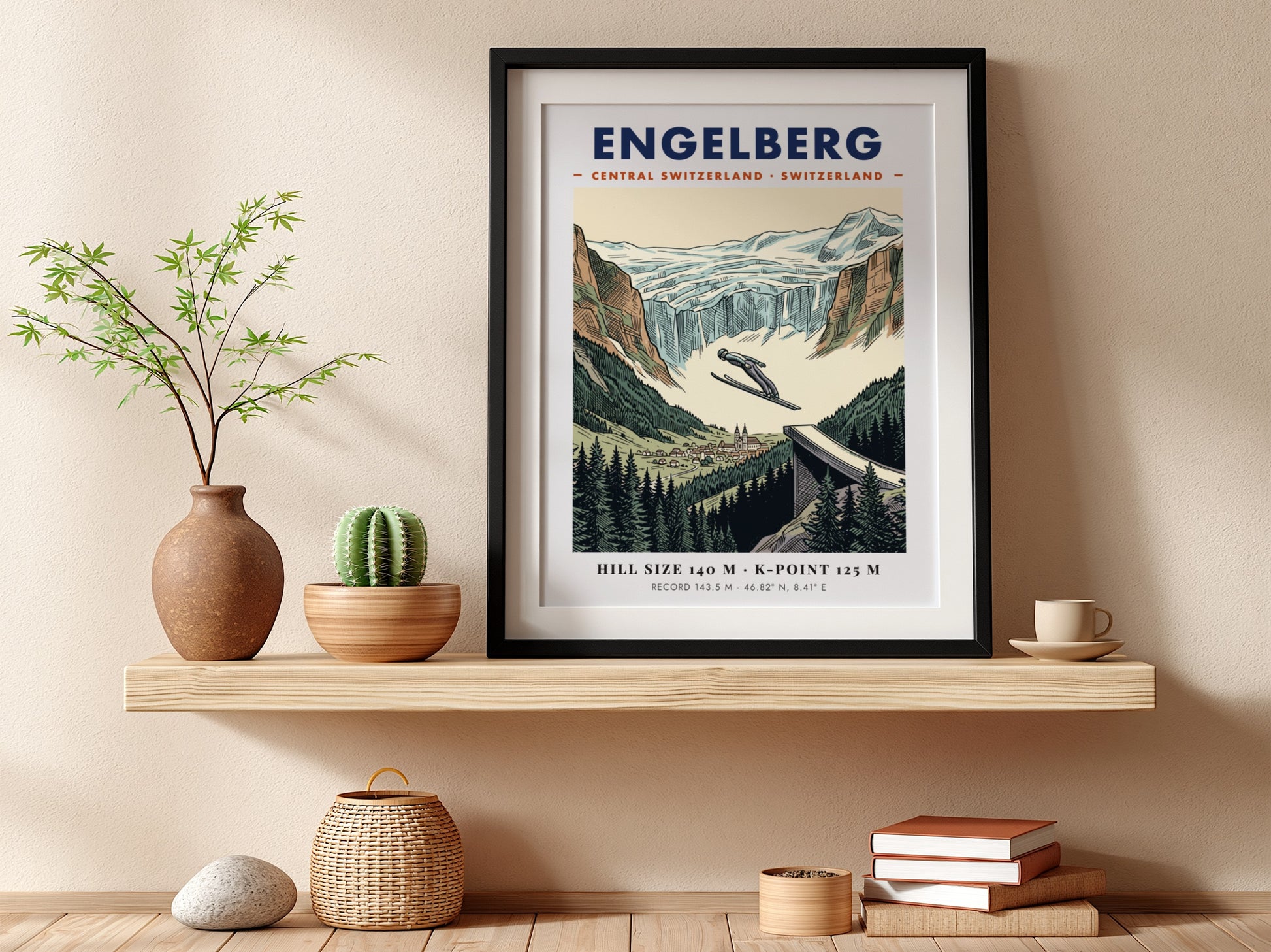 Poster featuring a ski jumper soaring over Engelberg, Switzerland with mountain and forest scenery.