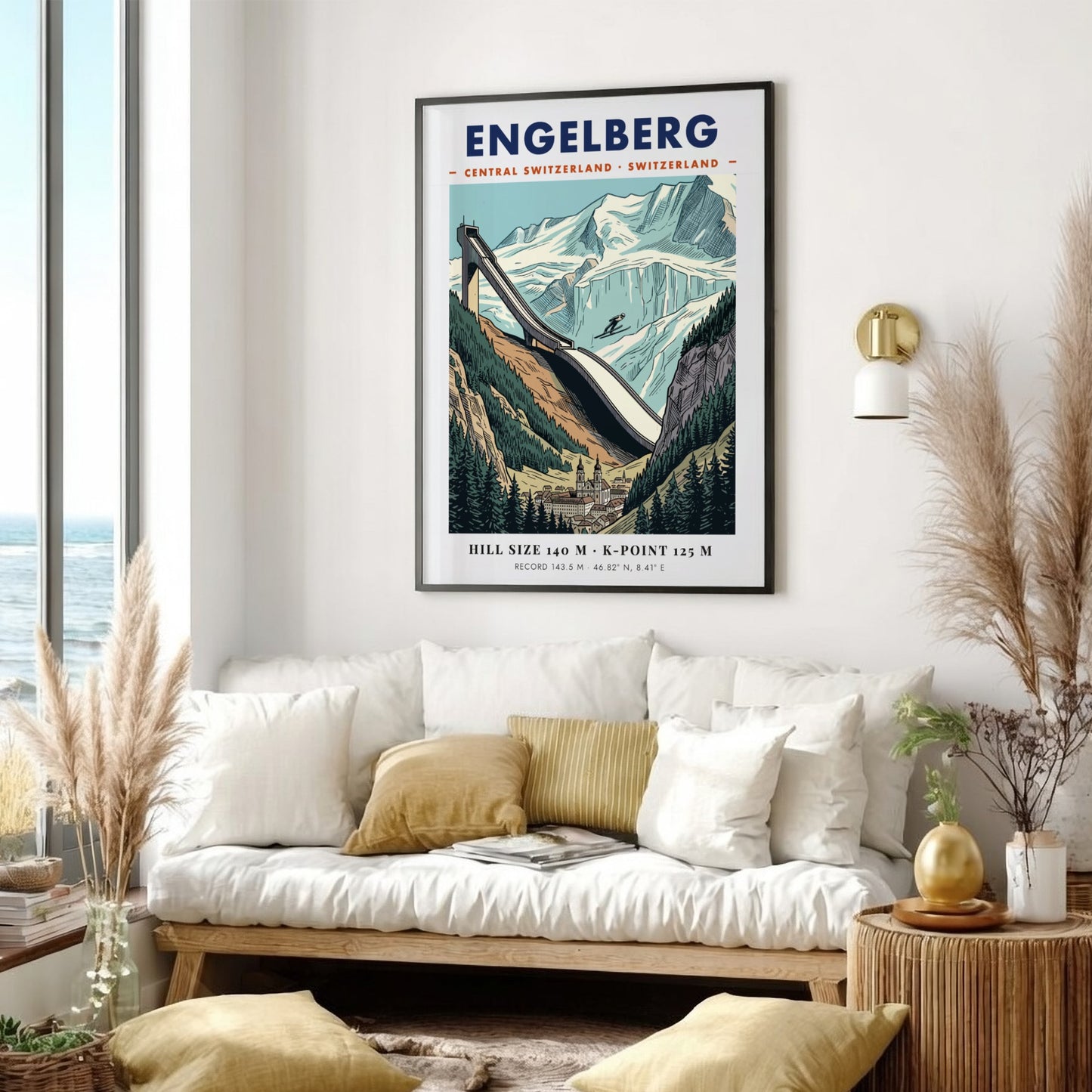 Vintage style ski jumping poster of Engelberg featuring a large jump and mountains.
