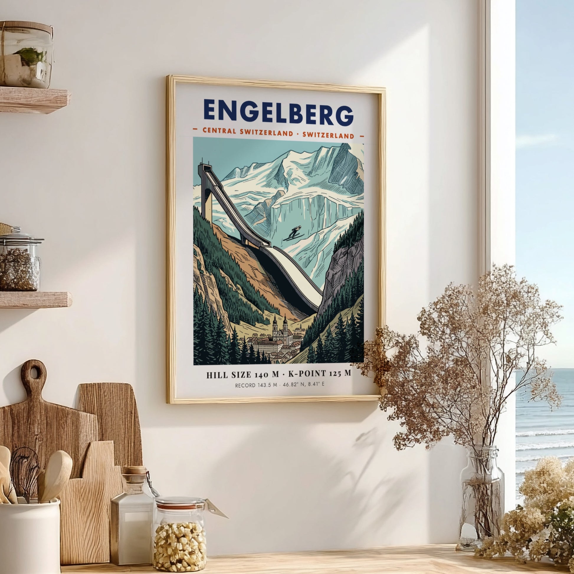 Vintage style ski jumping poster of Engelberg featuring a large jump and mountains.